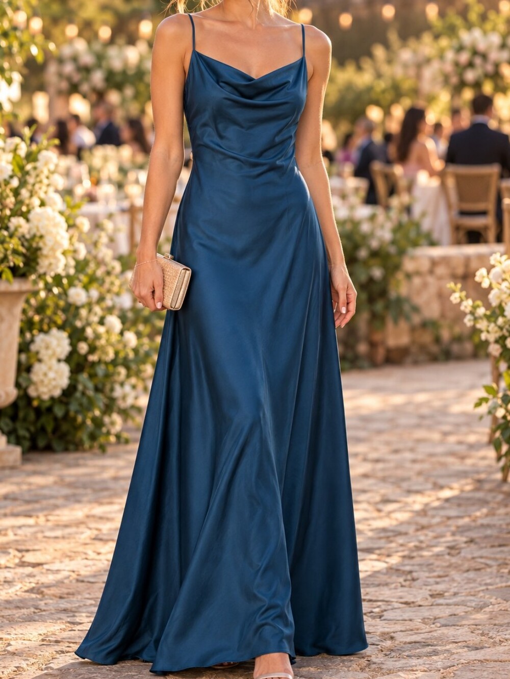 Teal Satin Maxi Dress XL Cowl Neck Spaghetti Strap Formal Wedding Guest Quiet Lu